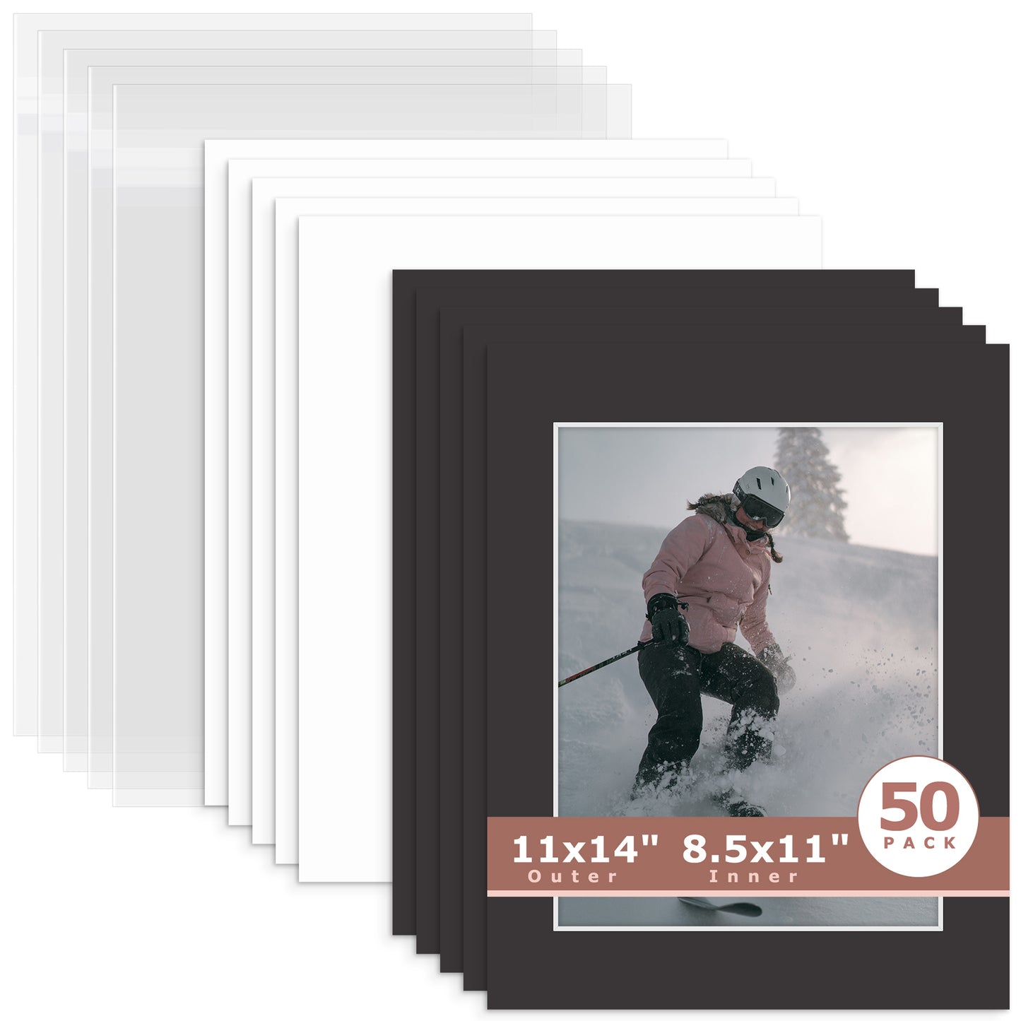 50 Pack 11x14 Whitecore Pre-Cut Mat Board + Backing + Bag 8.5x11 (8x10.5 exact opening) N142 Tricom Black