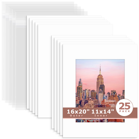 25 Pack 16x20 Whitecore Economy Pre-Cut Mat + Backing + Bag 11x14 (exact opening 10.5x13.5) N501 White