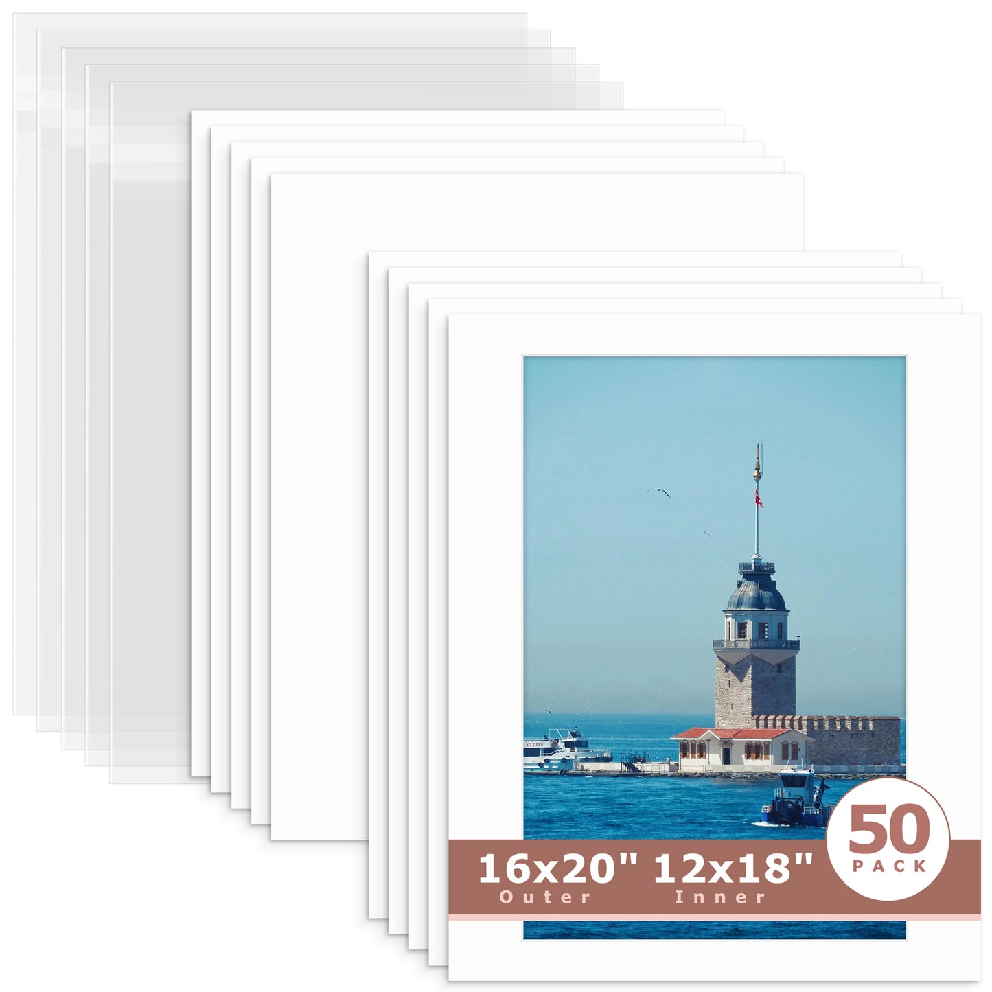 50 Pack 16x20 Whitecore Economy Pre-Cut Mat + Backing + Bag 12x18 (exact opening 11.5x17.5) N501 White