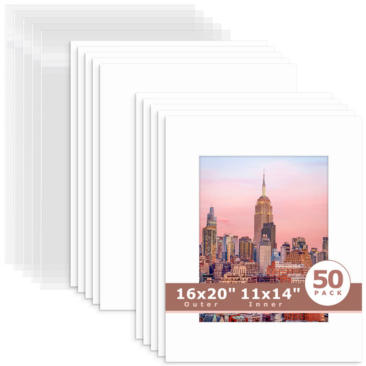 50 Pack 16x20 Whitecore Economy Pre-Cut Mat + Backing + Bag 11x14 (exact opening 10.5x13.5) N501 White