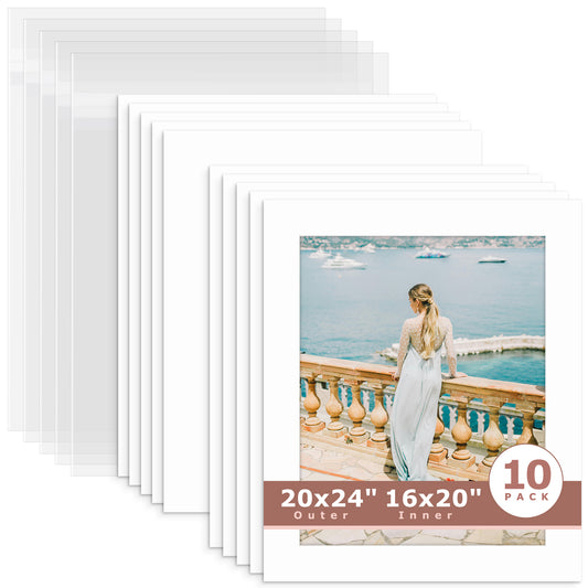 10 Pack 20x24 Whitecore Pre-Cut Mat Board for 16x20 Photo + Backing + Bag N501 White