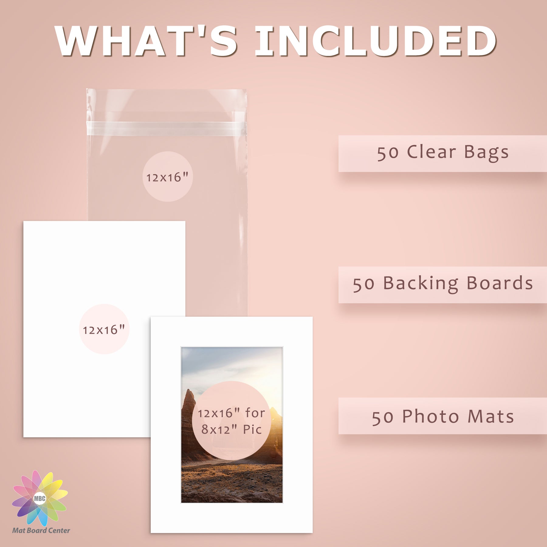 Photo Matted Backing 50 Pack 12x16 Mat Board for 8x12 Photos + Backing + Bag | Mat Board Center