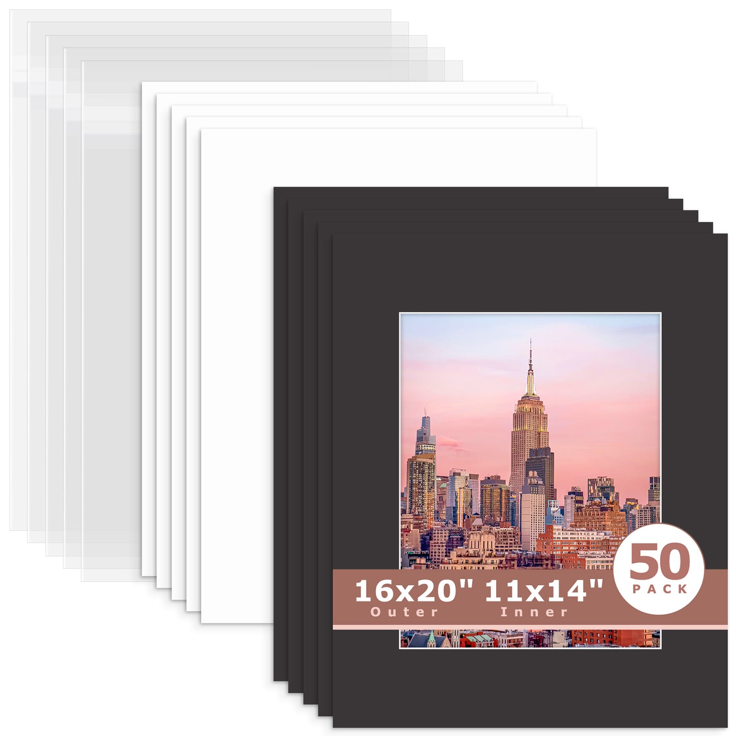 50 Pack 16x20 Whitecore Economy Pre-Cut Mat + Backing + Bag 11x14 (exact opening 10.5x13.5) N142 Tricom Black