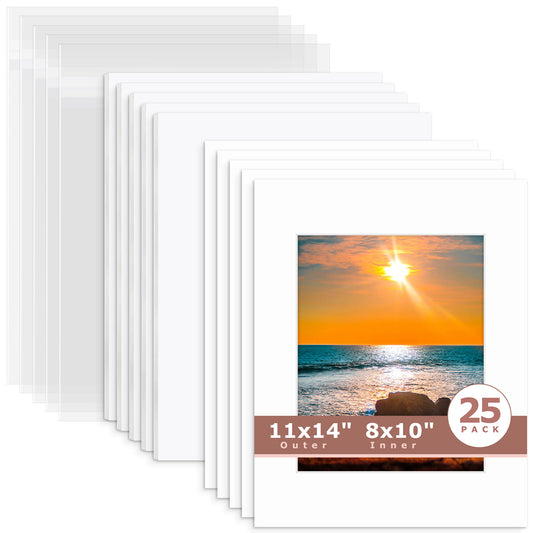 25 Pack 11x14 Whitecore Pre-Cut Mat Board + White Foam Board + Bag 8x10 (7.5x9.5 exact opening) N501 White