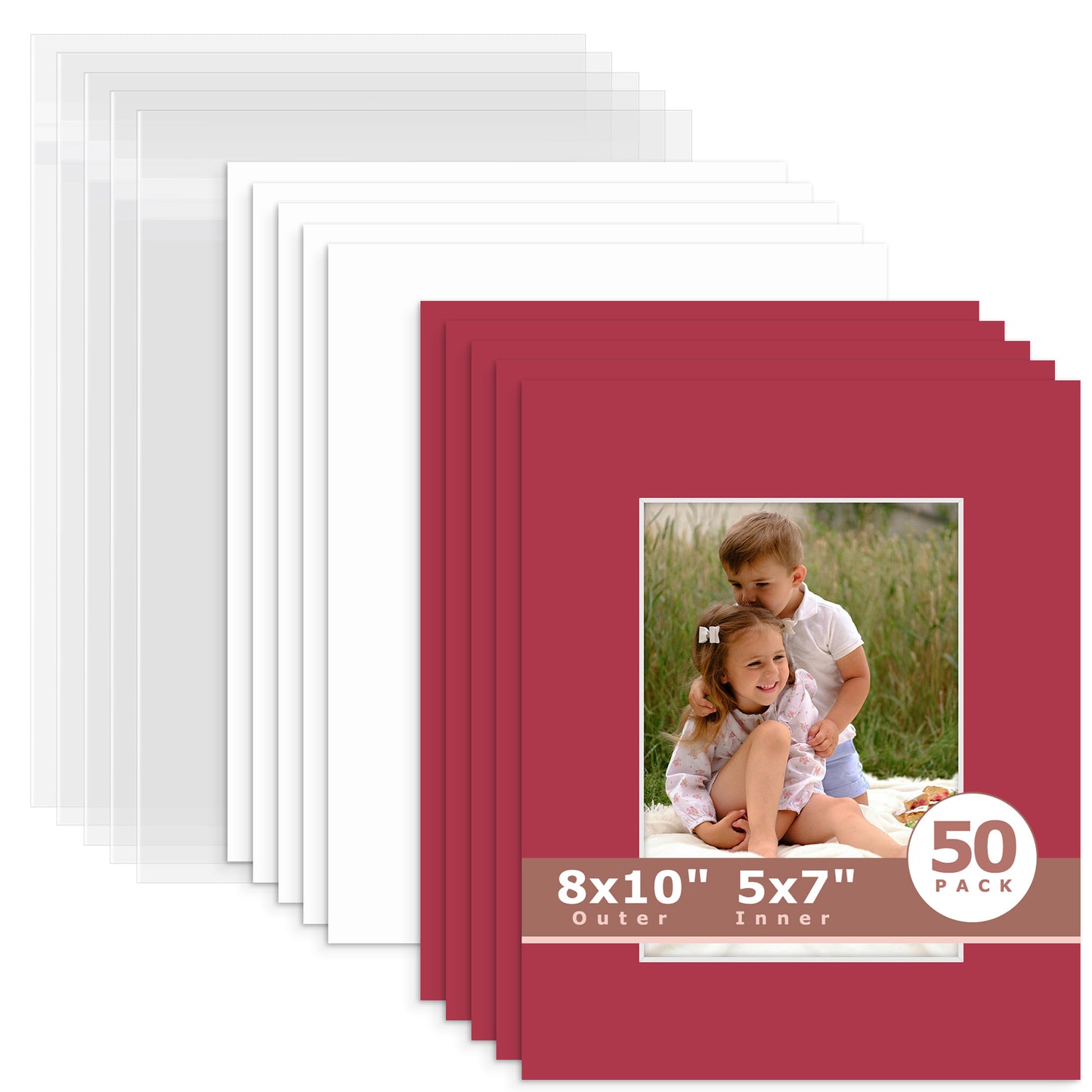 50 Pack 8x10 Whitecore Economy Pre-Cut Mat Board + Backing + Bag 5x7 (4.5x6.5 exact opening) N117 China Red