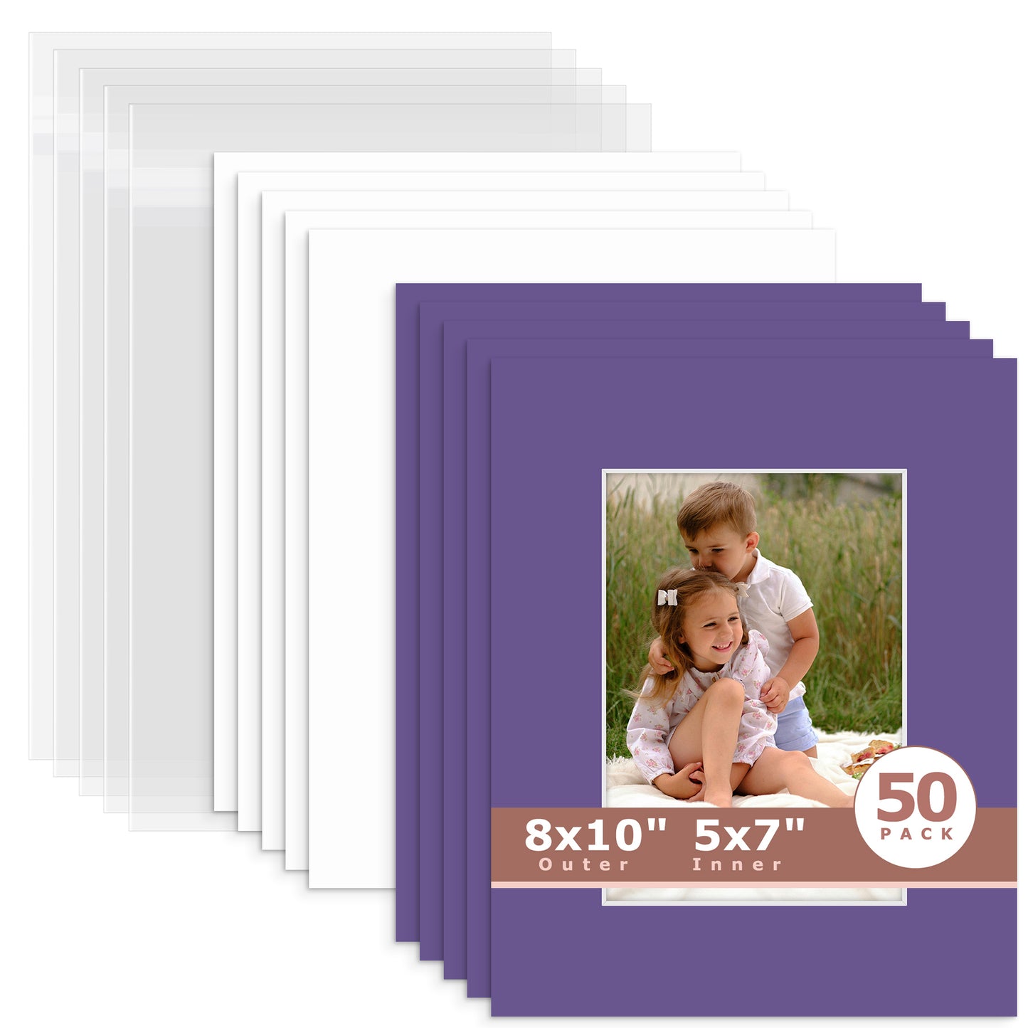 50 Pack 8x10 Whitecore Economy Pre-Cut Mat Board + Backing + Bag 5x7 (4.5x6.5 exact opening) N122 African Violet