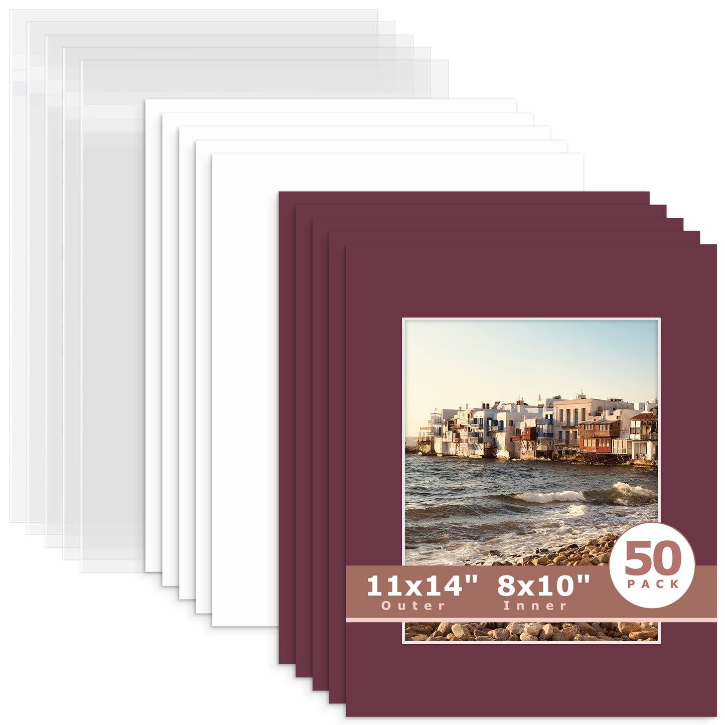 50 Pack 11x14 Whitecore Pre-Cut Mat Board + Backing + Bag 8x10 (7.5x9.5 exact opening) N124 Maroon