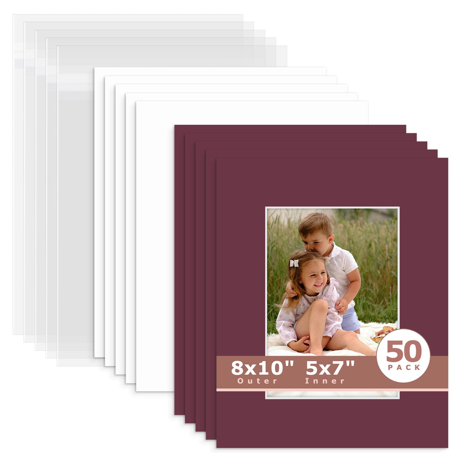 50 Pack 8x10 Whitecore Economy Pre-Cut Mat Board + Backing + Bag 5x7 (4.5x6.5 exact opening) N124 Maroon