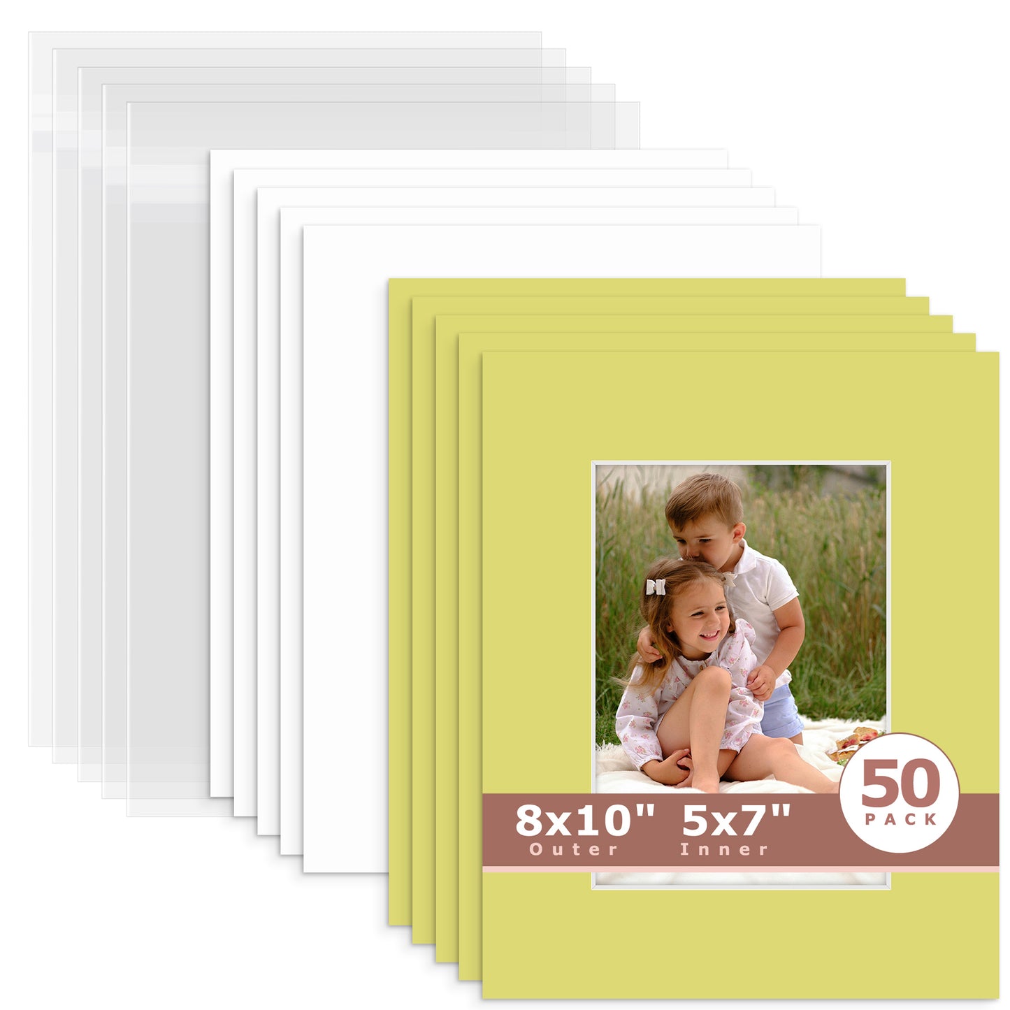 50 Pack 8x10 Whitecore Economy Pre-Cut Mat Board + Backing + Bag 5x7 (4.5x6.5 exact opening) N127 Frolic