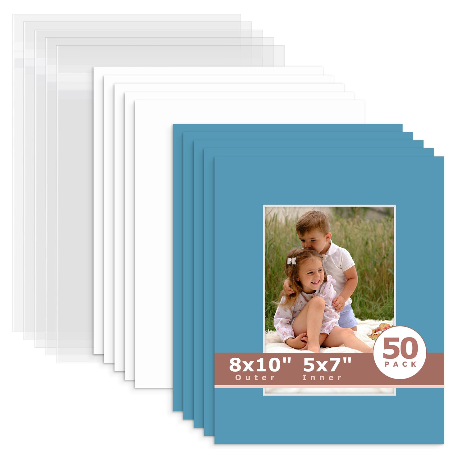 50 Pack 8x10 Whitecore Economy Pre-Cut Mat Board + Backing + Bag 5x7 (4.5x6.5 exact opening) N138 Dynamic Blue
