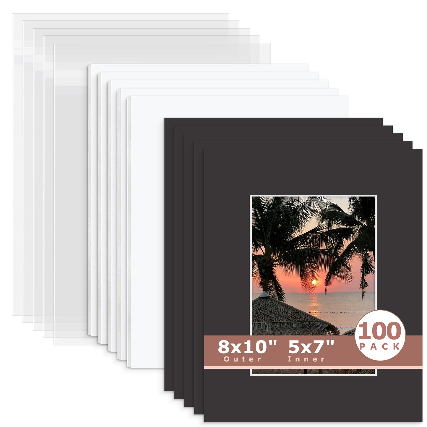 100 Pack 8x10 Economy Pre-Cut Mat Board + White Foam Board + Bag 5x7 (4.5x6.5 exact opening) N142 Tricom Black