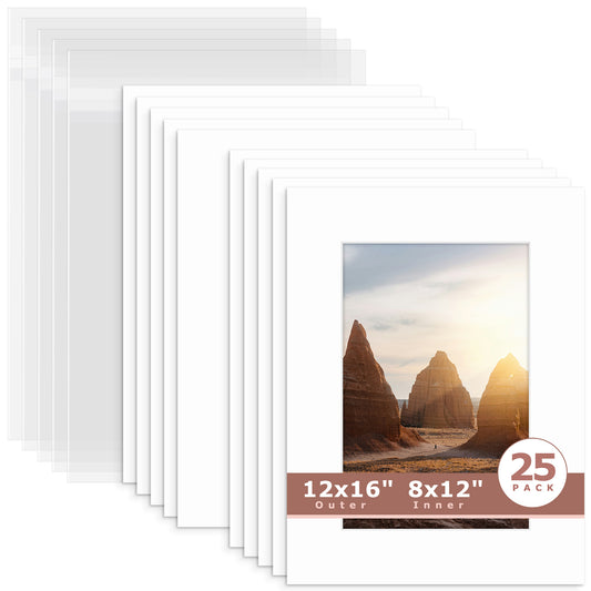 25 Pack 12x16 Picture Mats For 8x12 Photos + Backing + Bag N501 White
