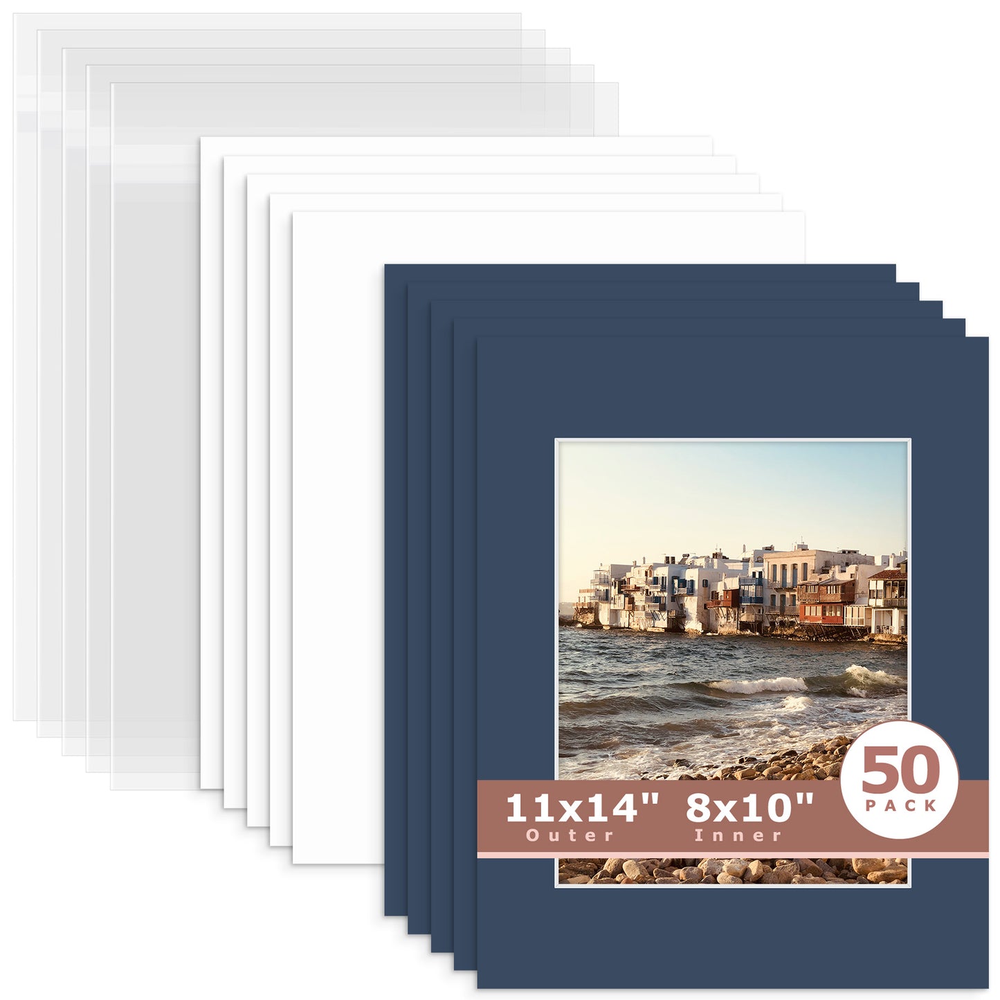 50 Pack 11x14 Whitecore Pre-Cut Mat Board + Backing + Bag 8x10 (7.5x9.5 exact opening) N141 Dignity Blue