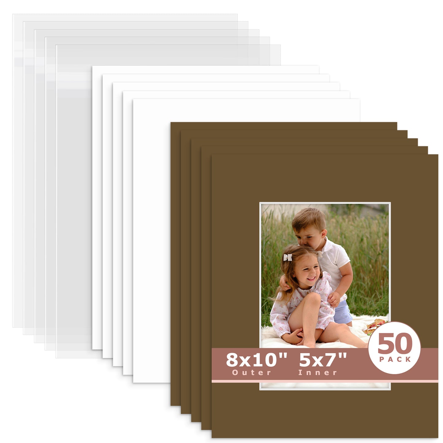 50 Pack 8x10 Whitecore Economy Pre-Cut Mat Board + Backing + Bag 5x7 (4.5x6.5 exact opening) N162 Java
