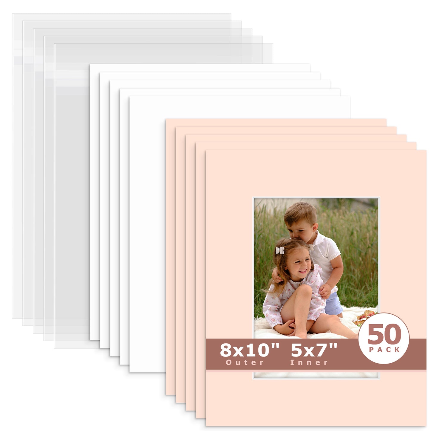 50 Pack 8x10 Whitecore Economy Pre-Cut Mat Board + Backing + Bag 5x7 (4.5x6.5 exact opening) N229 Pink