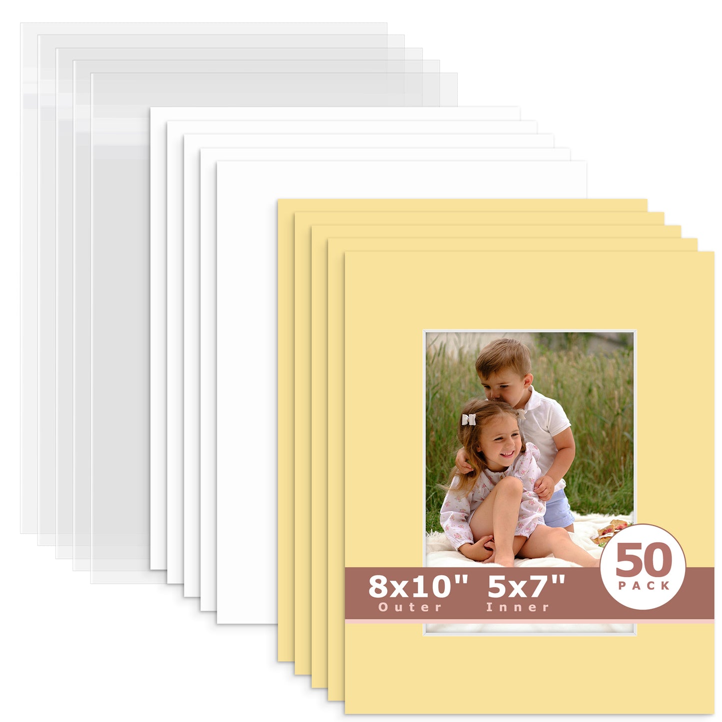 50 Pack 8x10 Whitecore Economy Pre-Cut Mat Board + Backing + Bag 5x7 (4.5x6.5 exact opening) N157 Compatible Beige