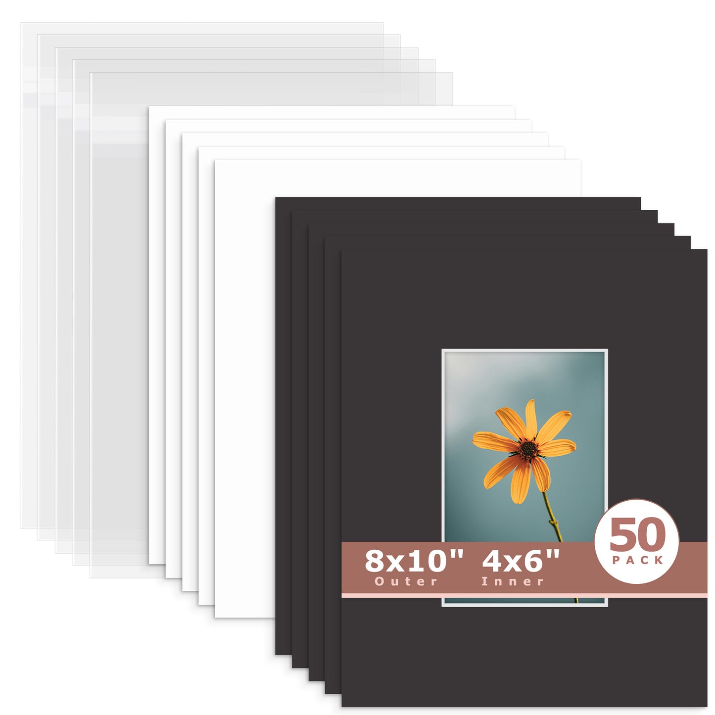 50 Pack 8x10 Whitecore Economy Pre-Cut Mat Board + Backing + Bag 4x6 (3.5x5.5 exact opening) N142 Tricom Black