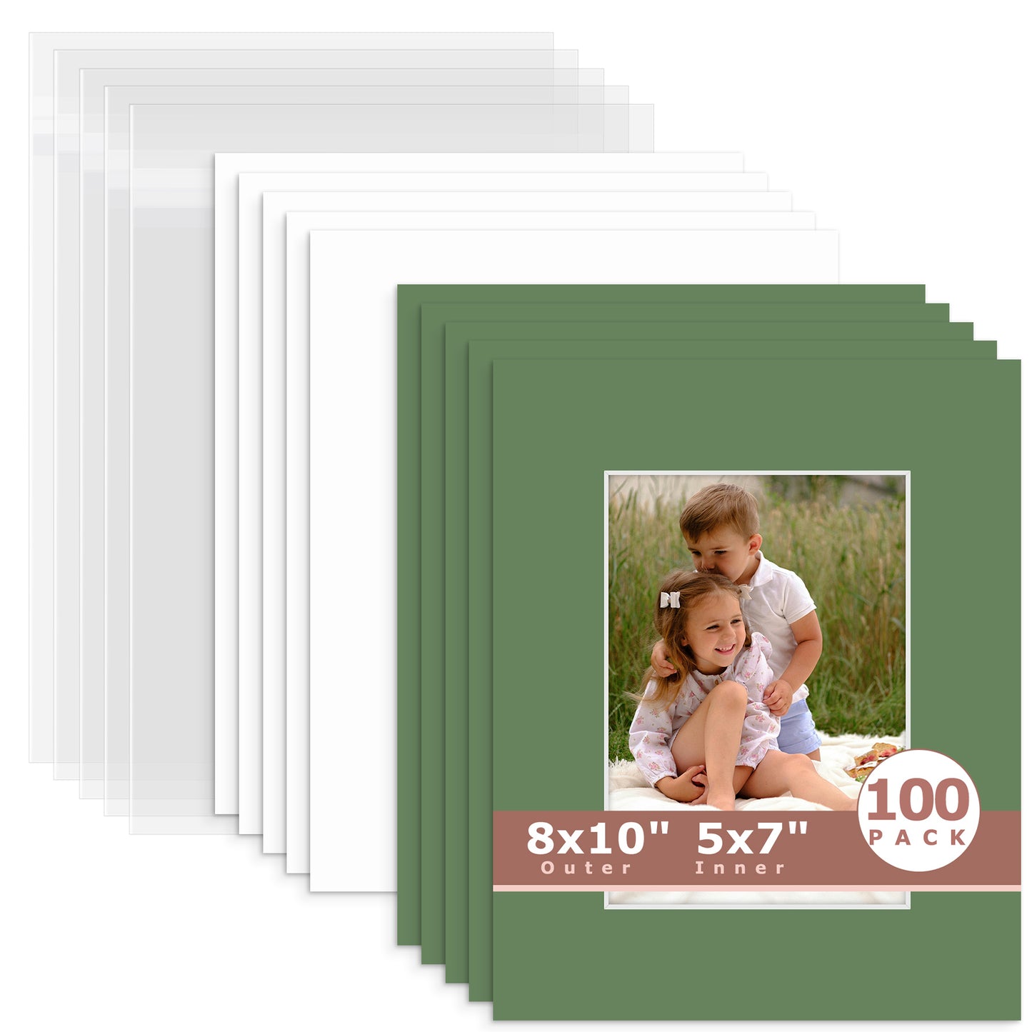 100 Pack 8x10 Whitecore Economy Pre-Cut Mat Board + Backing + Bag 5x7 (4.5x6.5 exact opening) N131 Basque Green