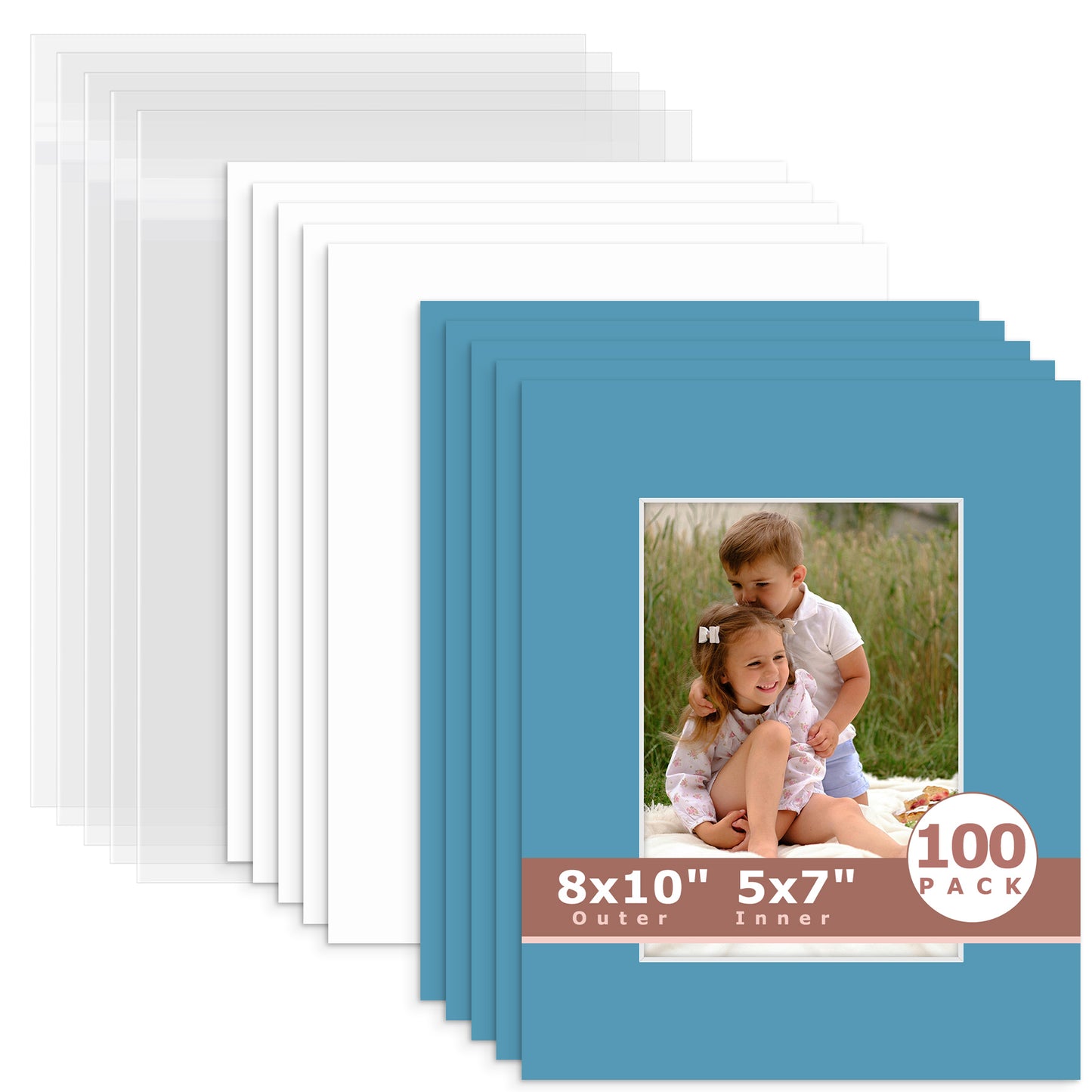 100 Pack 8x10 Whitecore Economy Pre-Cut Mat Board + Backing + Bag 5x7 (4.5x6.5 exact opening) N138 Dynamic Blue