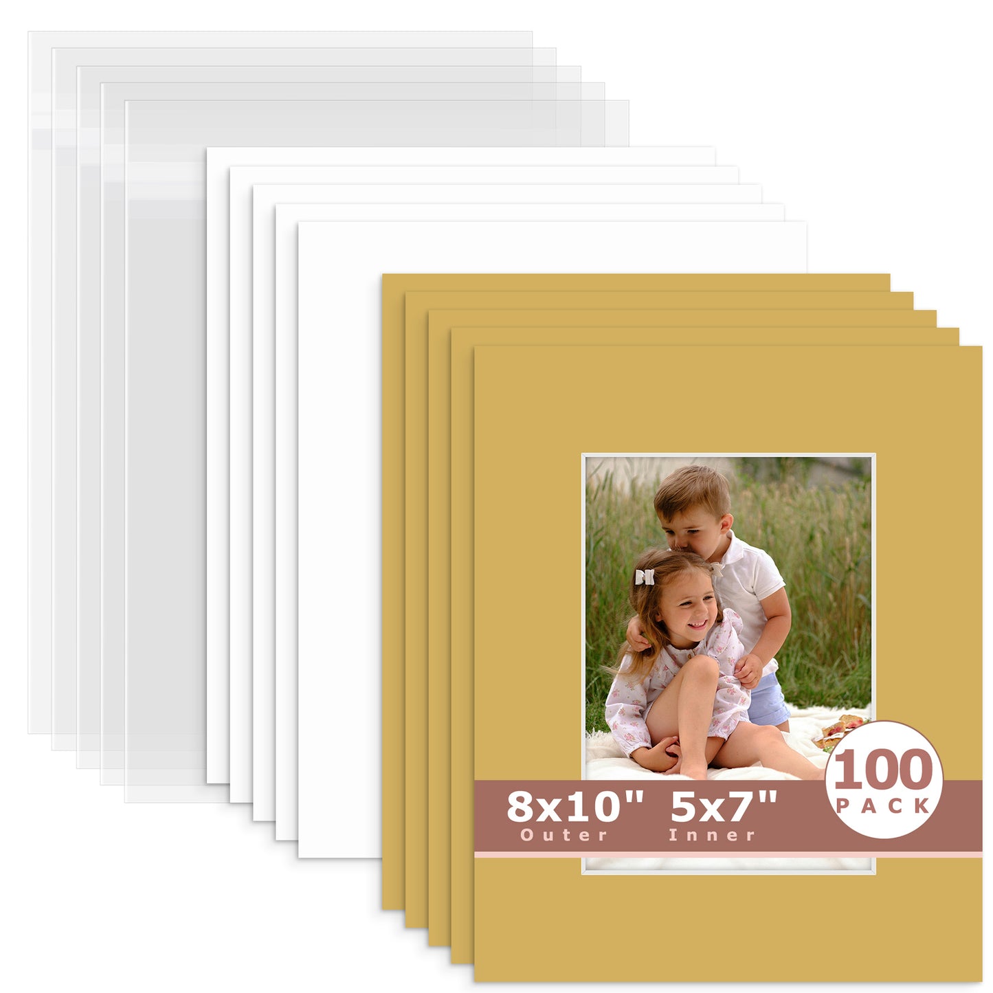 100 Pack 8x10 Whitecore Economy Pre-Cut Mat Board + Backing + Bag 5x7 (4.5x6.5 exact opening) N159 Smokey Tan