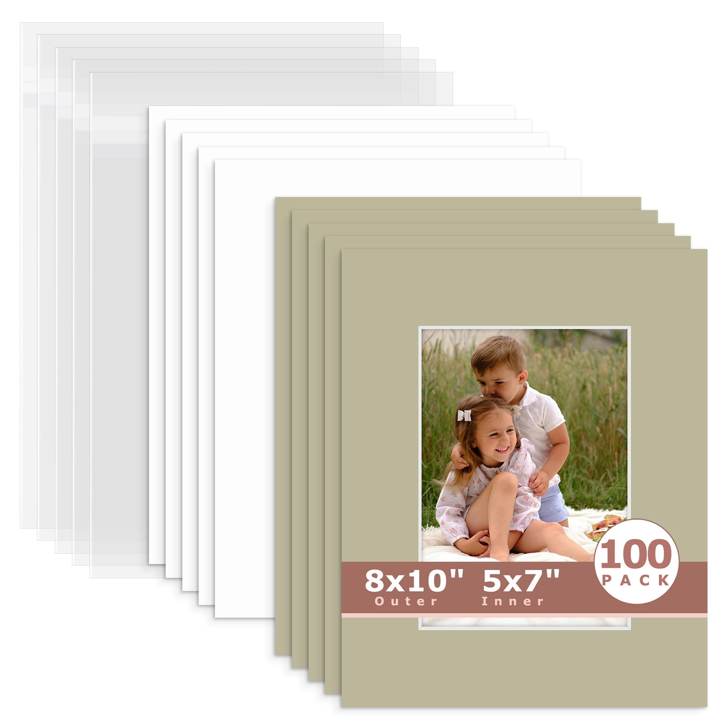100 Pack 8x10 Whitecore Economy Pre-Cut Mat Board + Backing + Bag 5x7 (4.5x6.5 exact opening) N154 Middle Gray