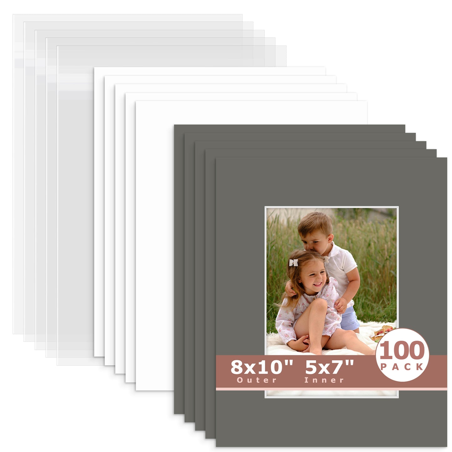 100 Pack 8x10 Whitecore Economy Pre-Cut Mat Board + Backing + Bag 5x7 (4.5x6.5 exact opening) N171 Gray