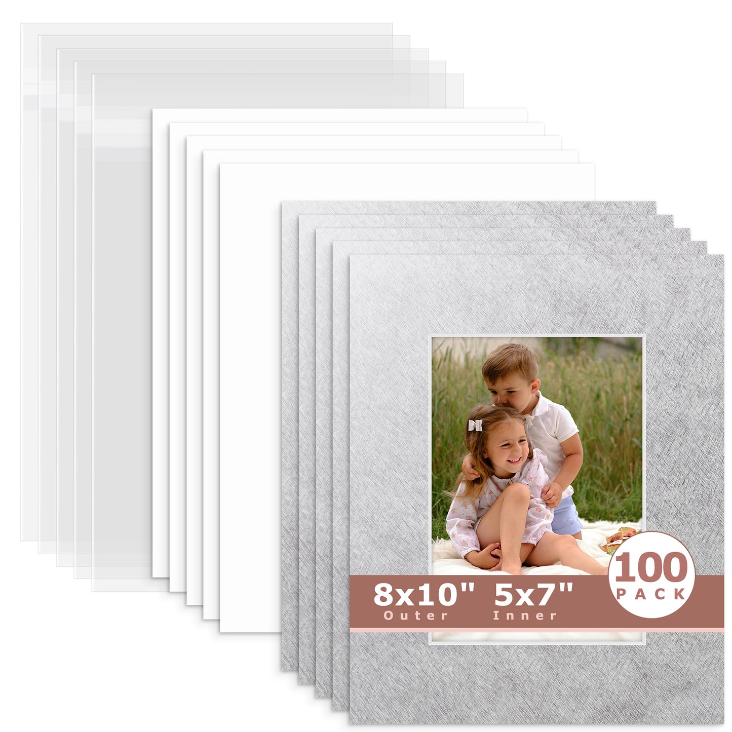 100 Pack 8x10 Whitecore Economy Pre-Cut Mat Board + Backing + Bag 5x7 (4.5x6.5 exact opening) N137 Silver