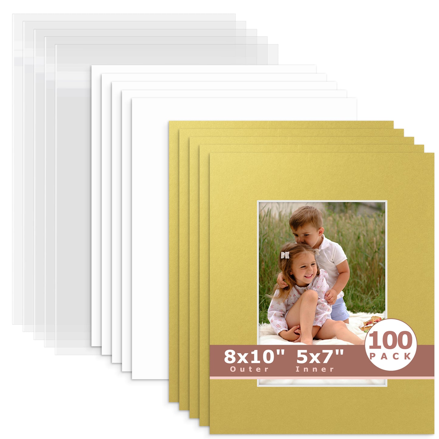 100 Pack 8x10 Whitecore Economy Pre-Cut Mat Board + Backing + Bag 5x7 (4.5x6.5 exact opening) N143 Old Gold