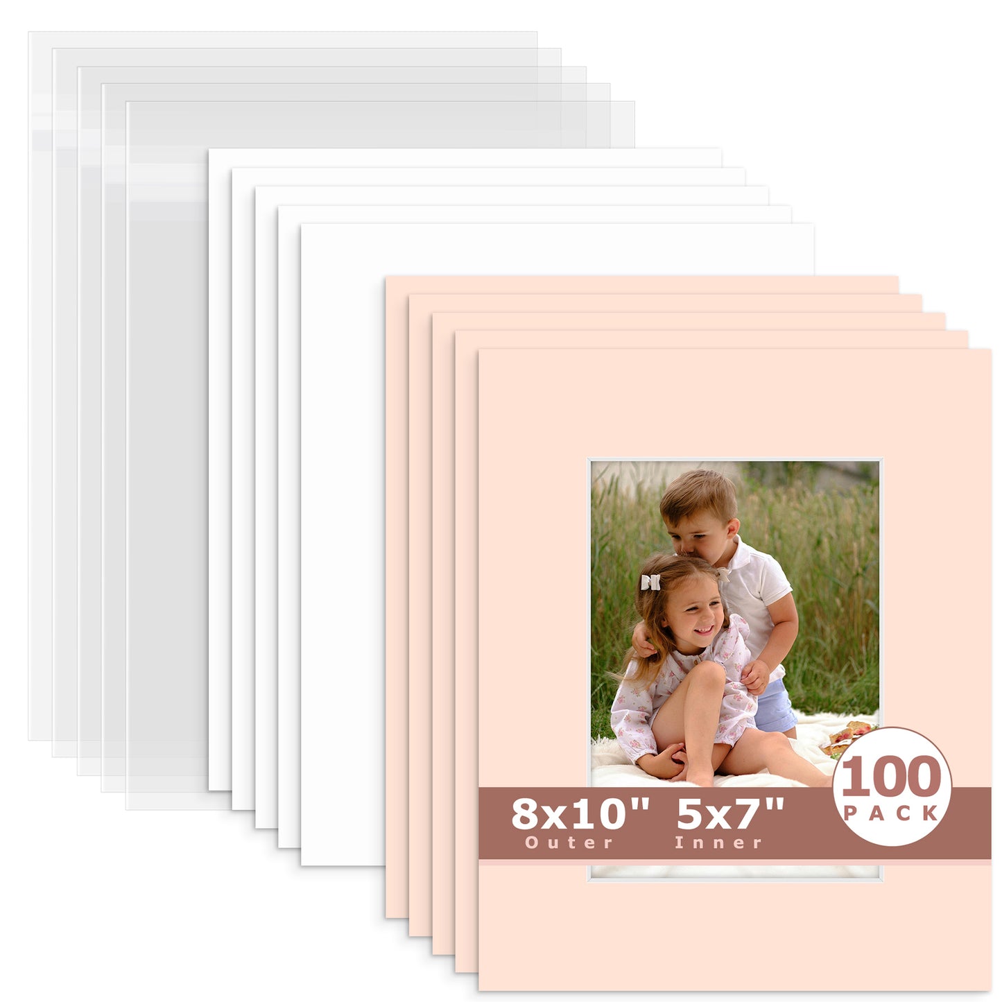 100 Pack 8x10 Whitecore Economy Pre-Cut Mat Board + Backing + Bag 5x7 (4.5x6.5 exact opening) N229 Pink