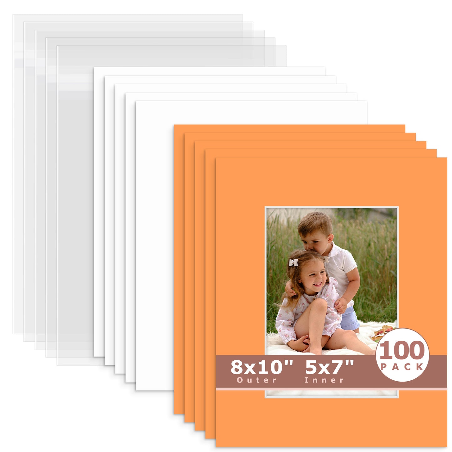 100 Pack 8x10 Whitecore Economy Pre-Cut Mat Board + Backing + Bag 5x7 (4.5x6.5 exact opening) N178 Orange