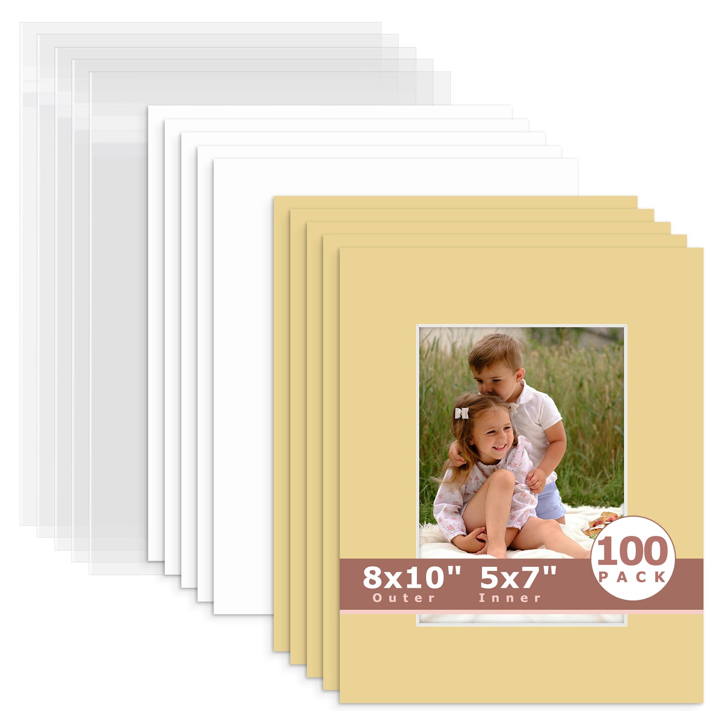 100 Pack 8x10 Whitecore Economy Pre-Cut Mat Board + Backing + Bag 5x7 (4.5x6.5 exact opening) N158 Indian Tan