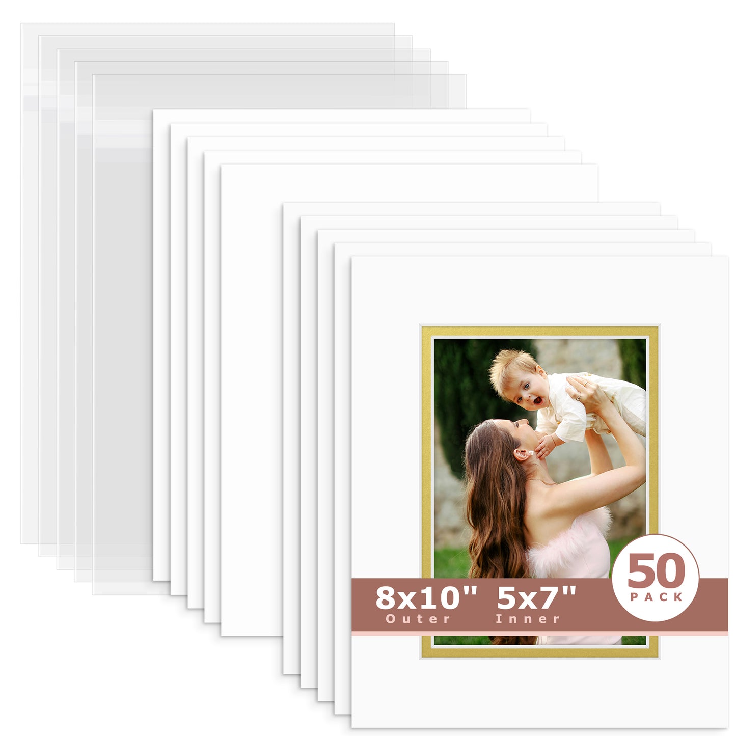 50 Pack 8x10 Double Mat For 5x7 Photos + Backing + Bag Off White Gold