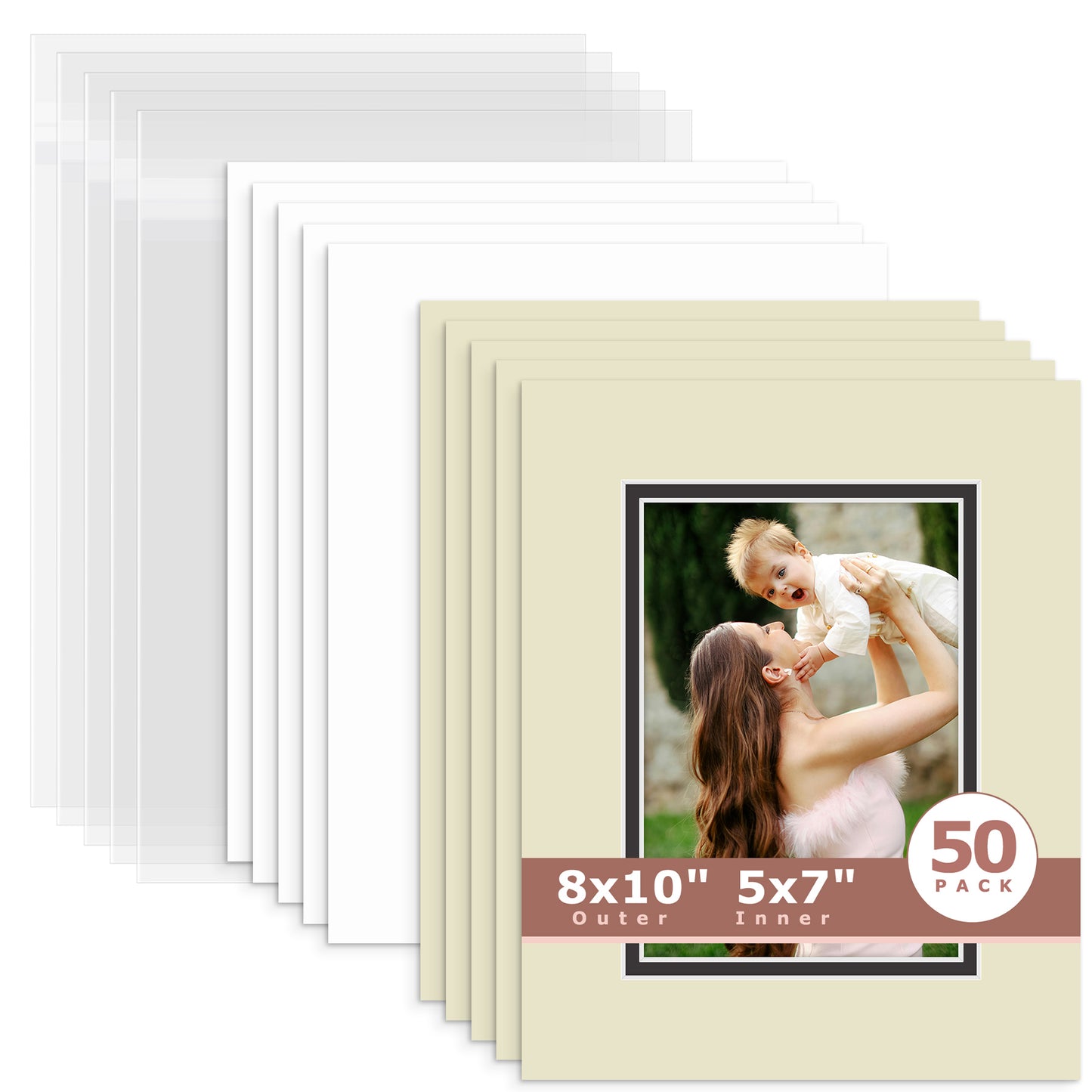50 Pack 8x10 Double Mat For 5x7 Photos + Backing + Bag Light Gray Black
