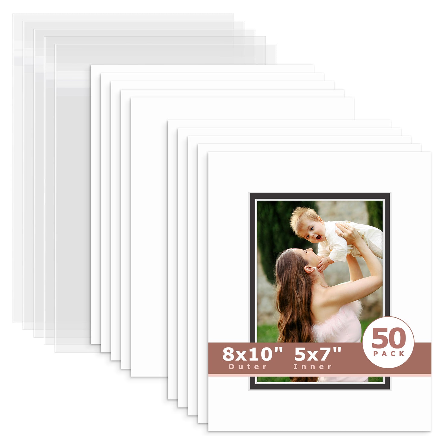 50 Pack 8x10 Double Mat For 5x7 Photos + Backing + Bag White Black