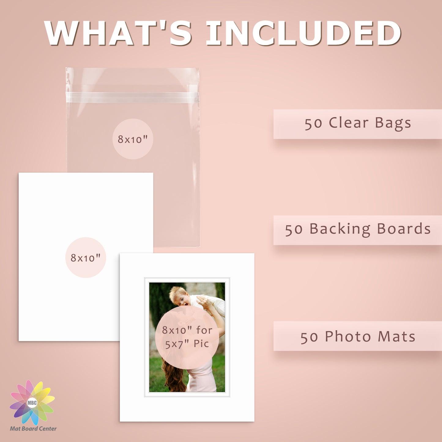 50 Pack 8x10 Double Mat For 5x7 Photos + Backing + Bag