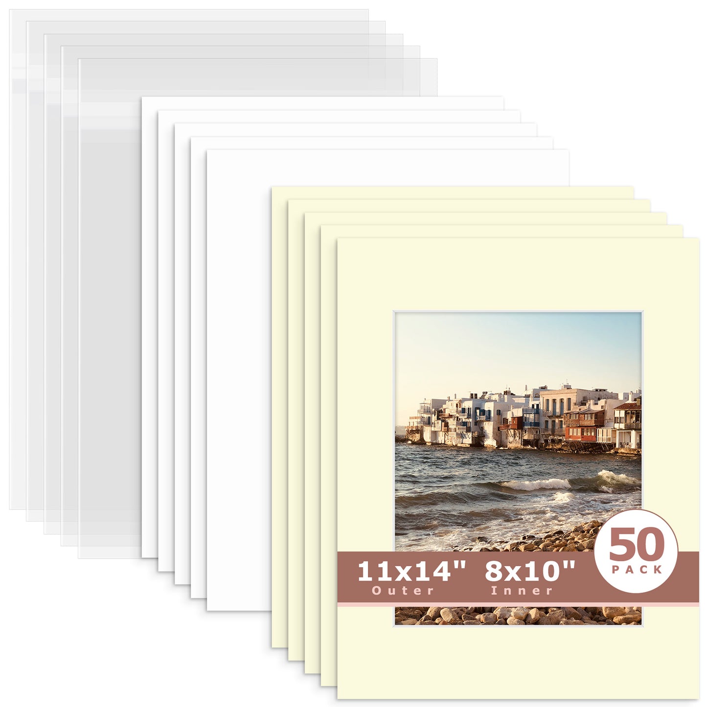 50 Pack 11x14 Whitecore Pre-Cut Mat Board + Backing + Bag 8x10 (7.5x9.5 exact opening) N105 Ivory