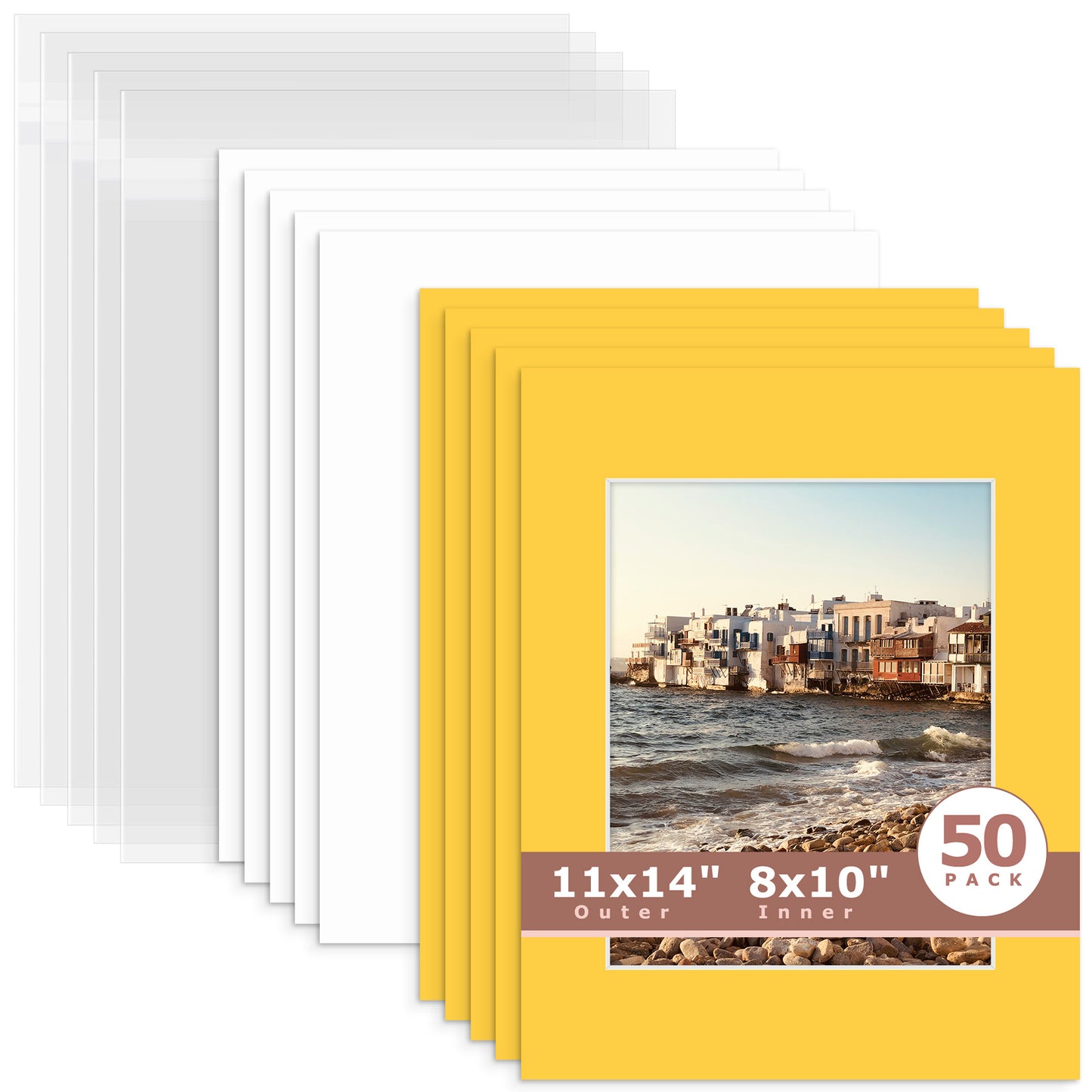 50 Pack 11x14 Whitecore Pre-Cut Mat Board + Backing + Bag 8x10 (7.5x9.5 exact opening) N212 Deep Yellow