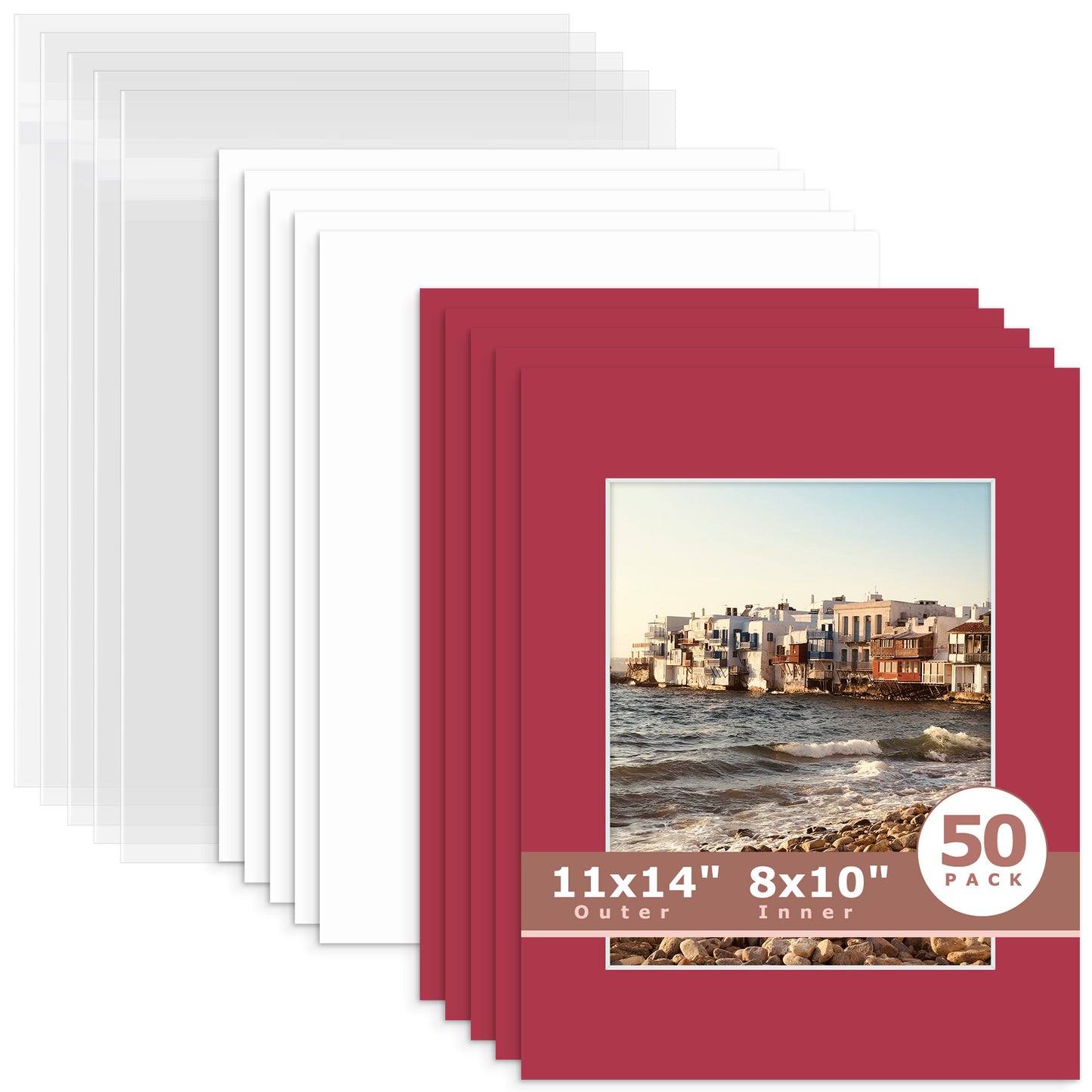 50 Pack 11x14 Whitecore Pre-Cut Mat Board + Backing + Bag 8x10 (7.5x9.5 exact opening) N117 China Red