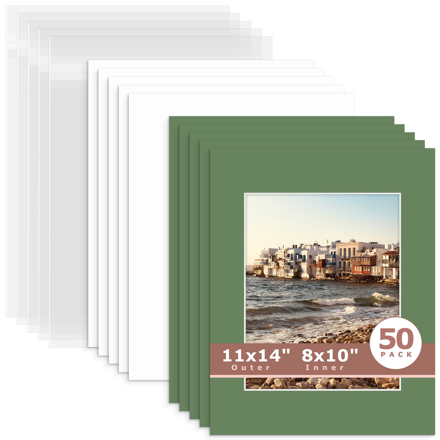 50 Pack 11x14 Whitecore Pre-Cut Mat Board + Backing + Bag 8x10 (7.5x9.5 exact opening) N131 Basque Green