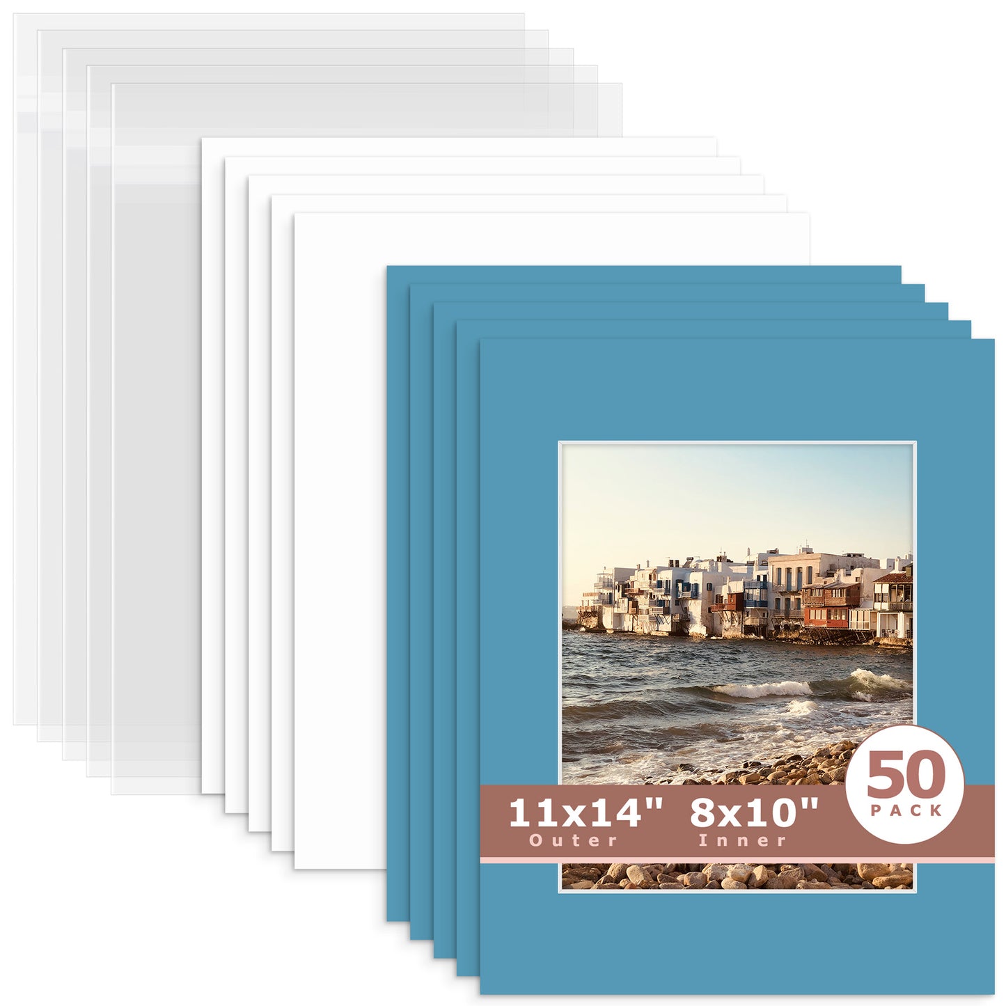 50 Pack 11x14 Whitecore Pre-Cut Mat Board + Backing + Bag 8x10 (7.5x9.5 exact opening) N138 Dynamic Blue