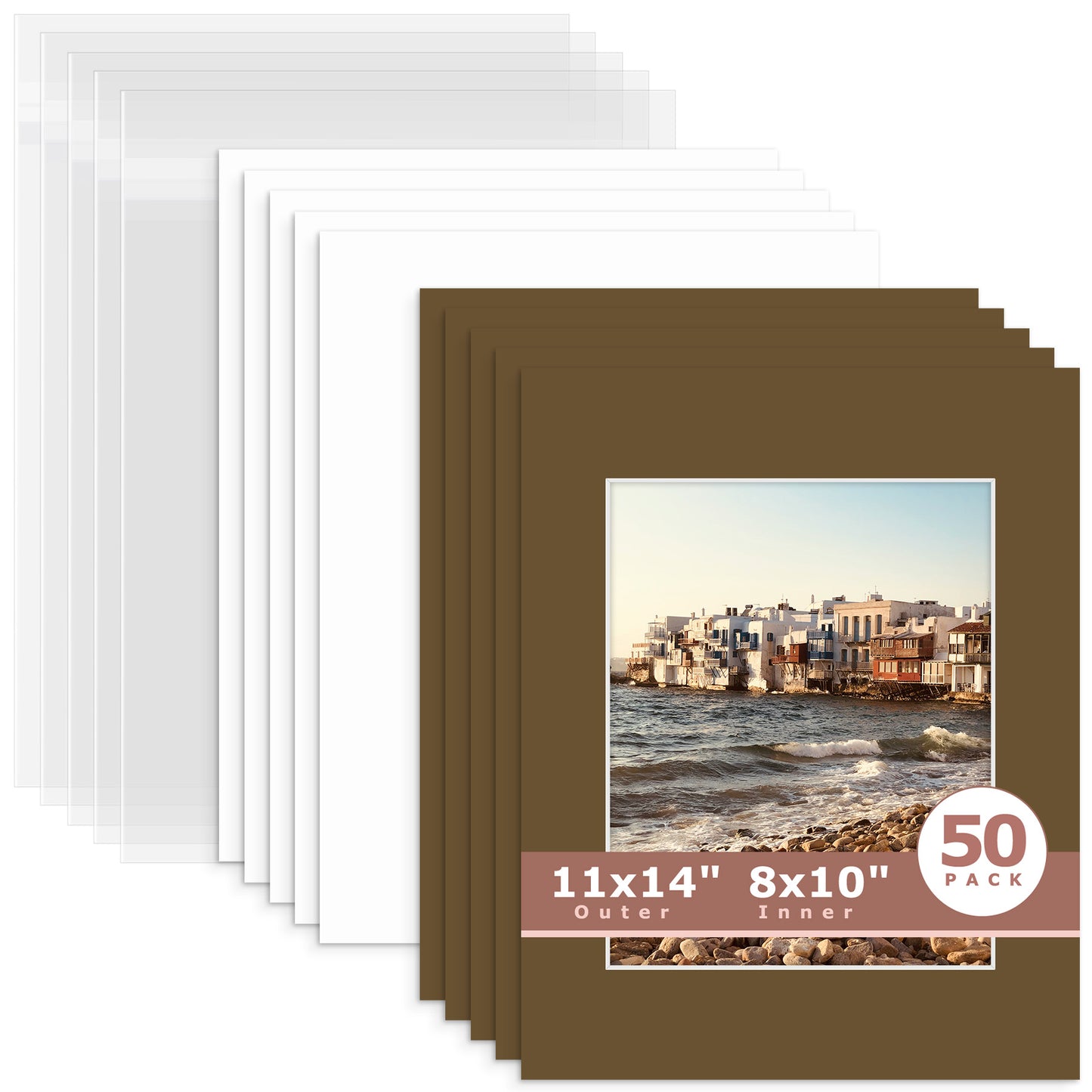 50 Pack 11x14 Whitecore Pre-Cut Mat Board + Backing + Bag 8x10 (7.5x9.5 exact opening) N162 Java