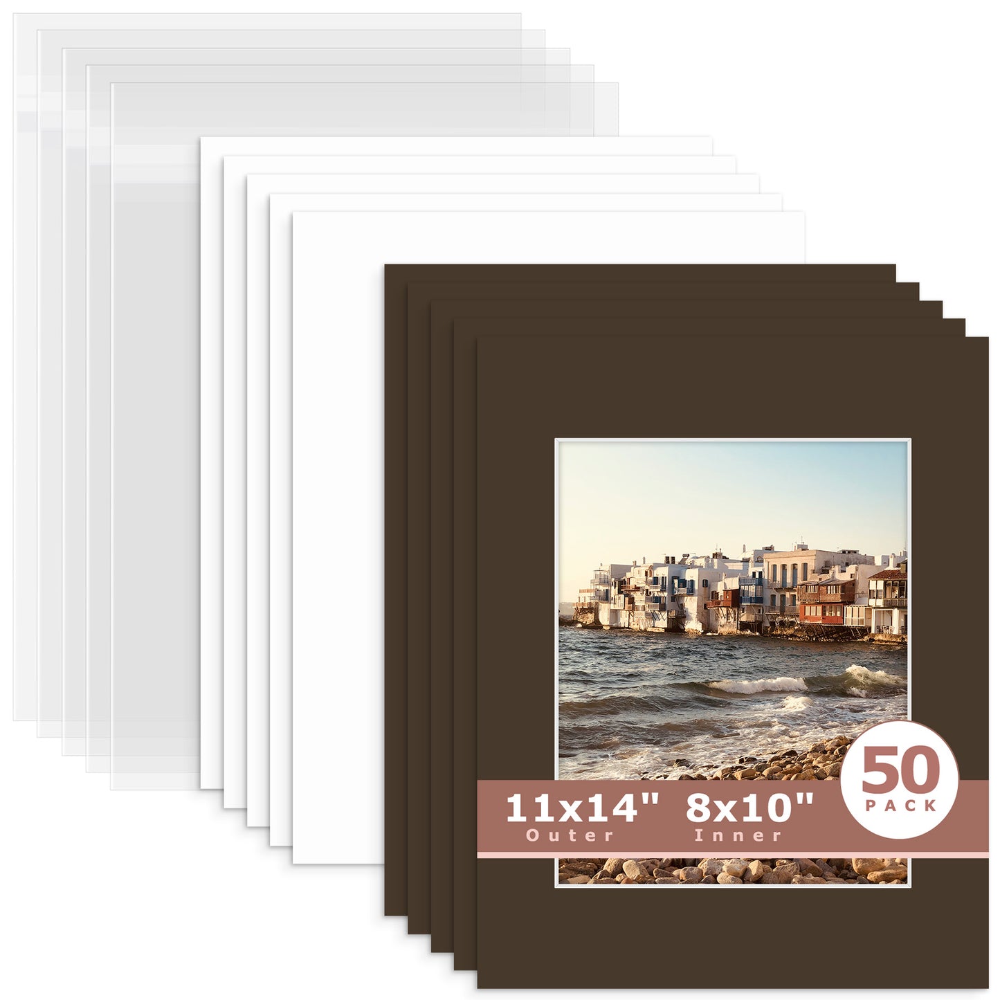 50 Pack 11x14 Whitecore Pre-Cut Mat Board + Backing + Bag 8x10 (7.5x9.5 exact opening) N148 Well-Bred Brown
