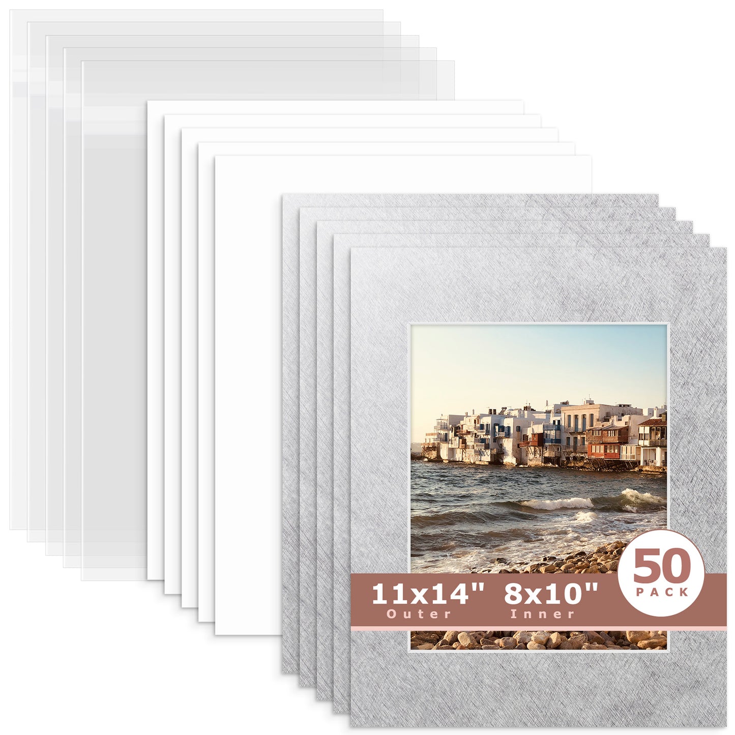 50 Pack 11x14 Whitecore Pre-Cut Mat Board + Backing + Bag 8x10 (7.5x9.5 exact opening) N137 Silver