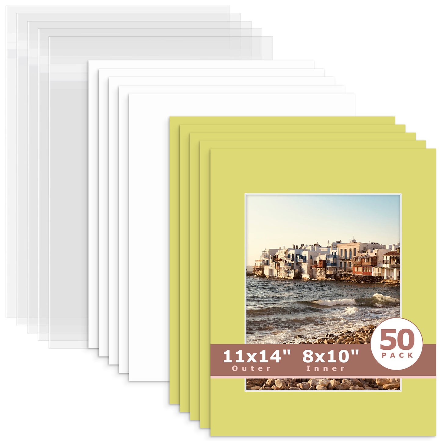 50 Pack 11x14 Whitecore Pre-Cut Mat Board + Backing + Bag 8x10 (7.5x9.5 exact opening) N127 Frolic