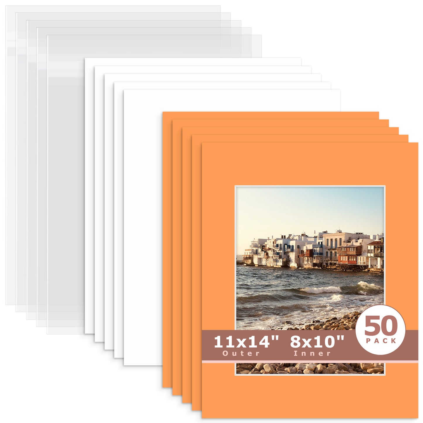 50 Pack 11x14 Whitecore Pre-Cut Mat Board + Backing + Bag 8x10 (7.5x9.5 exact opening) N178 Orange