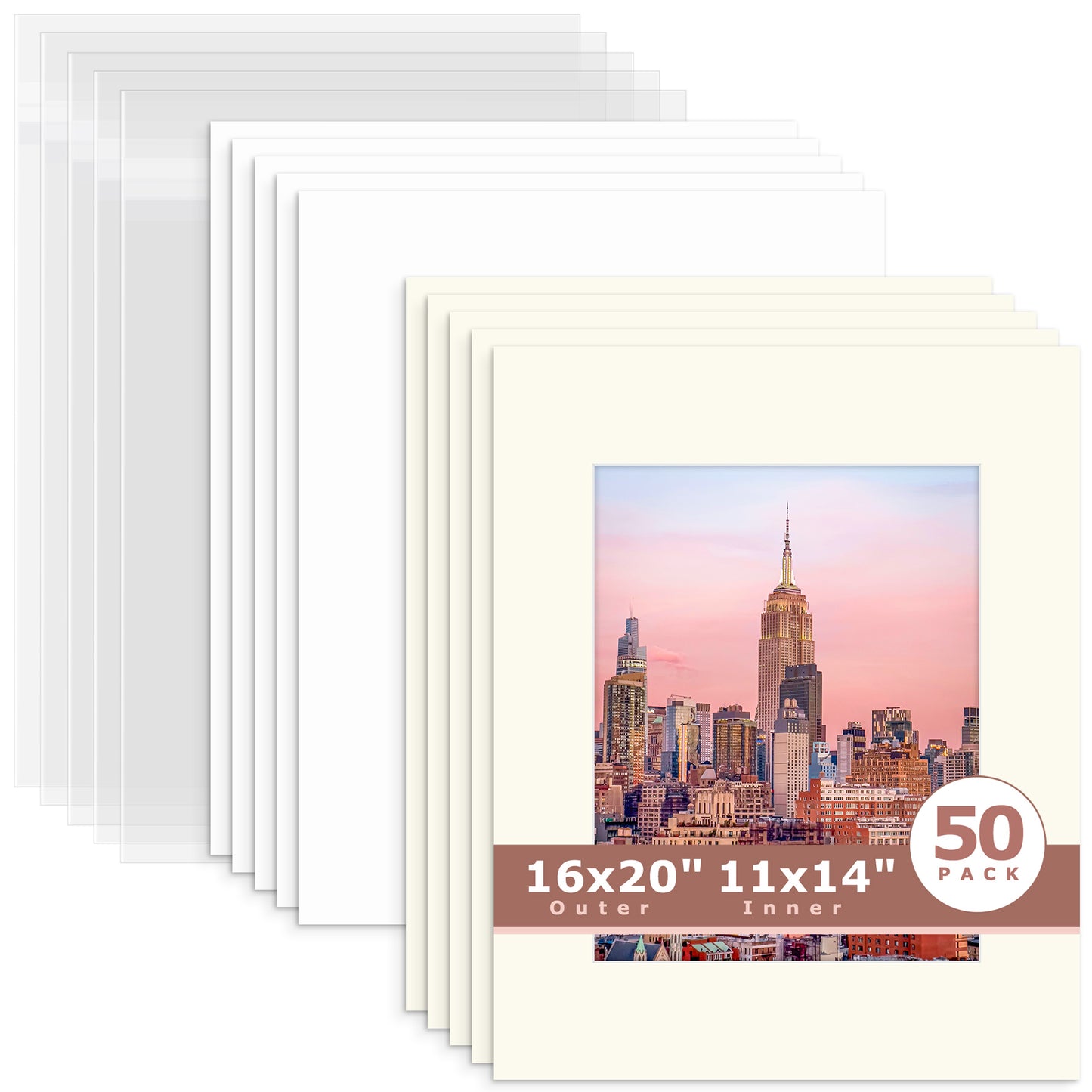 50 Pack 16x20 Whitecore Economy Pre-Cut Mat + Backing + Bag 11x14 (exact opening 10.5x13.5) N104 Ivory Turret
