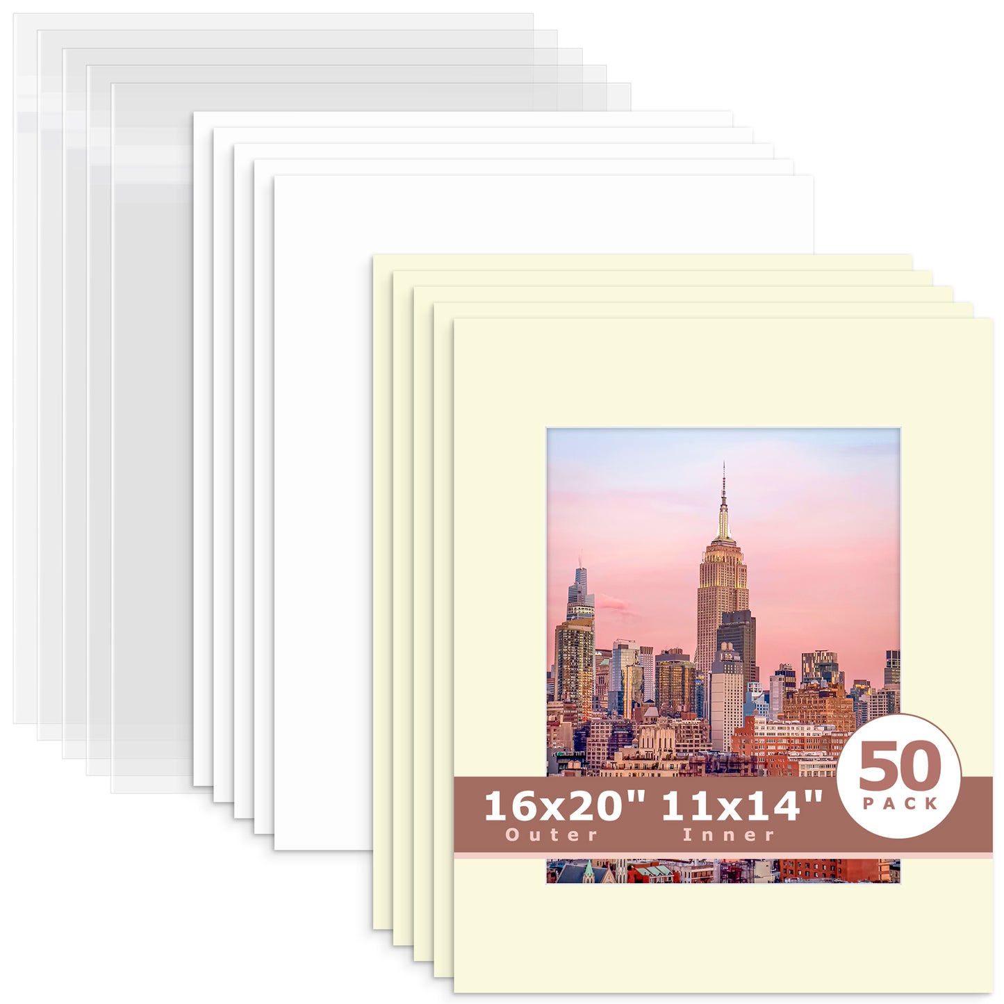 50 Pack 16x20 Whitecore Economy Pre-Cut Mat + Backing + Bag 11x14 (exact opening 10.5x13.5) N105 Ivory