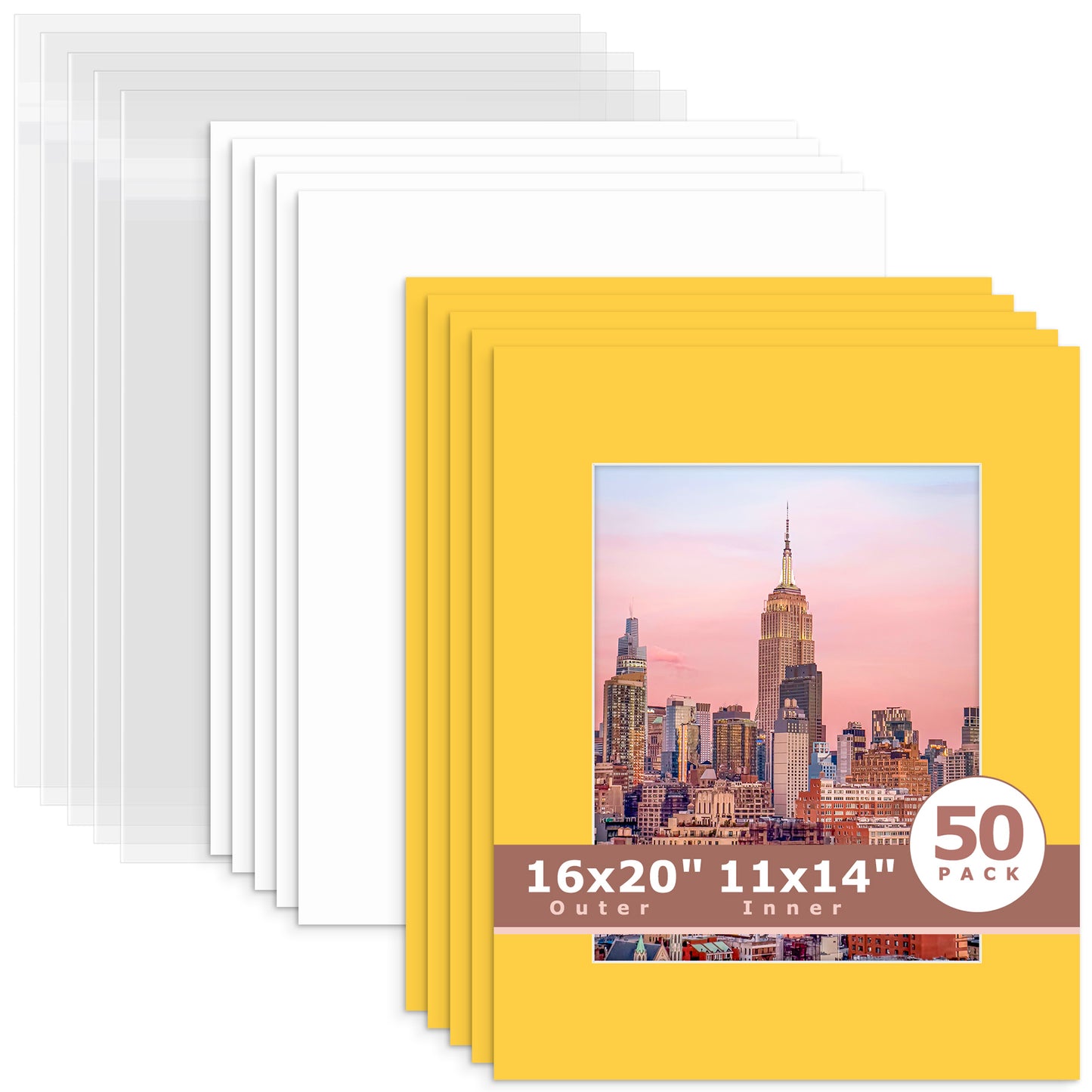 50 Pack 16x20 Whitecore Economy Pre-Cut Mat + Backing + Bag 11x14 (exact opening 10.5x13.5) N212 Deep Yellow