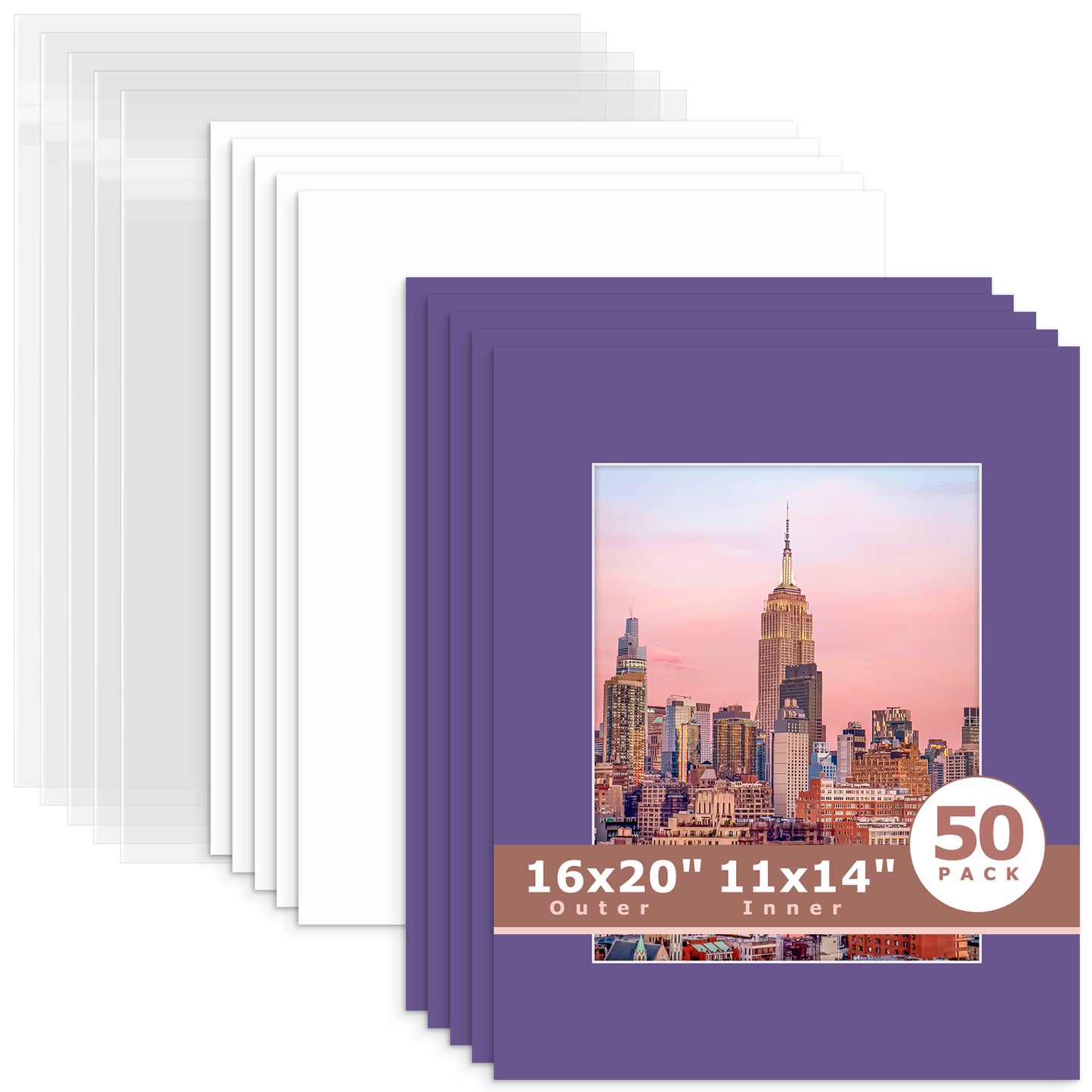 50 Pack 16x20 Whitecore Economy Pre-Cut Mat + Backing + Bag 11x14 (exact opening 10.5x13.5) N122 African Violet