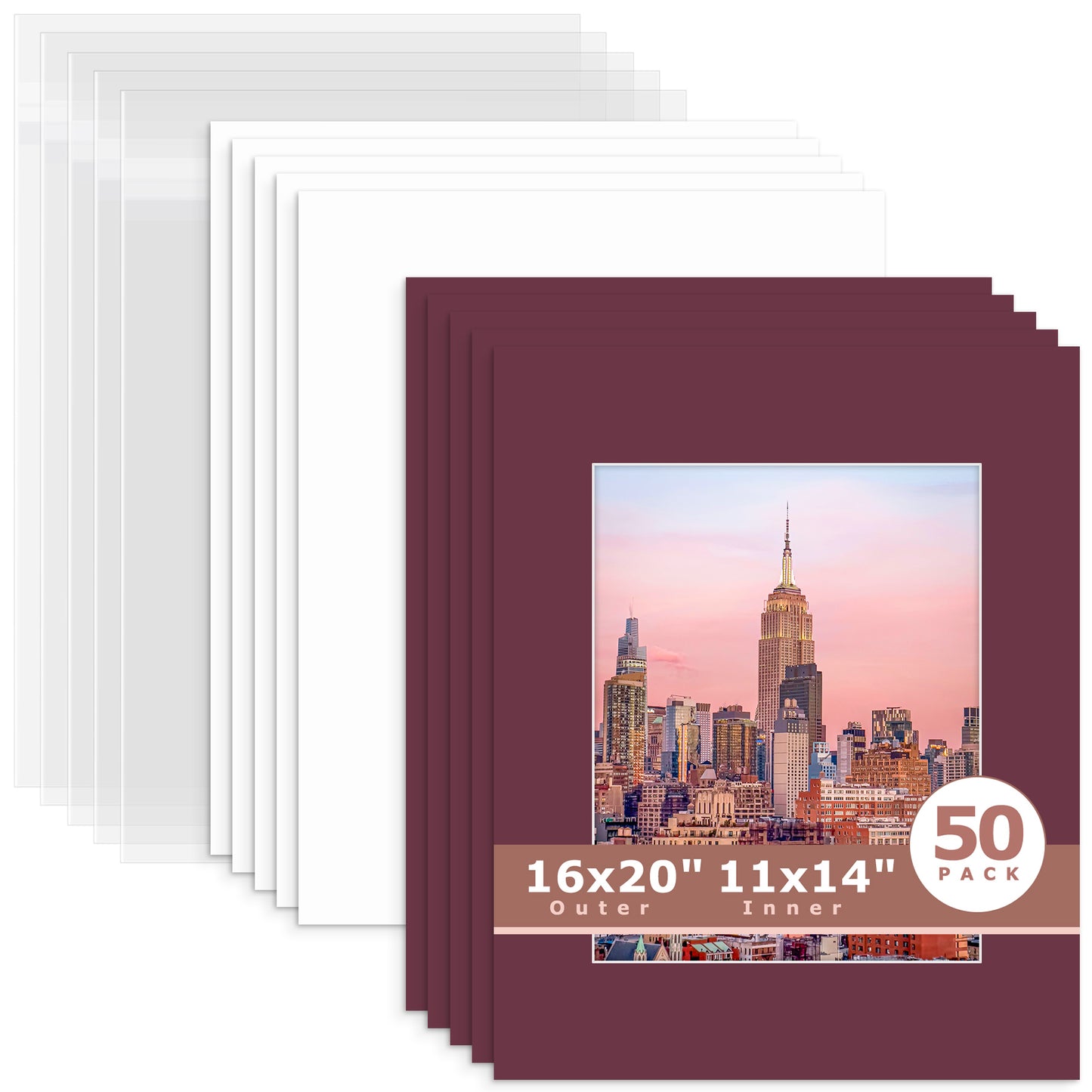 50 Pack 16x20 Whitecore Economy Pre-Cut Mat + Backing + Bag 11x14 (exact opening 10.5x13.5) N124 Maroon